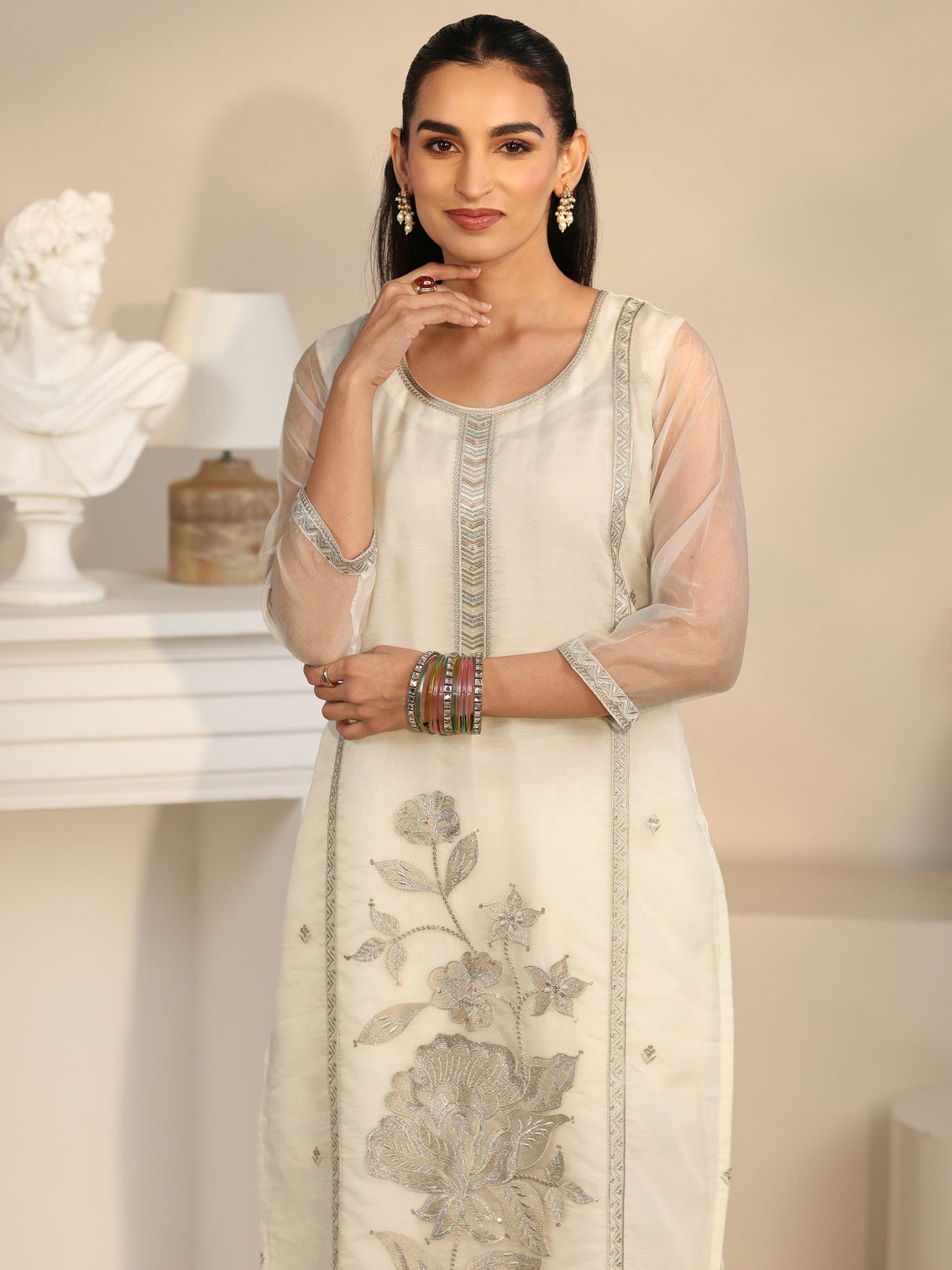 Mameraa Off White Floral Embellished Organza Straight Suit Set