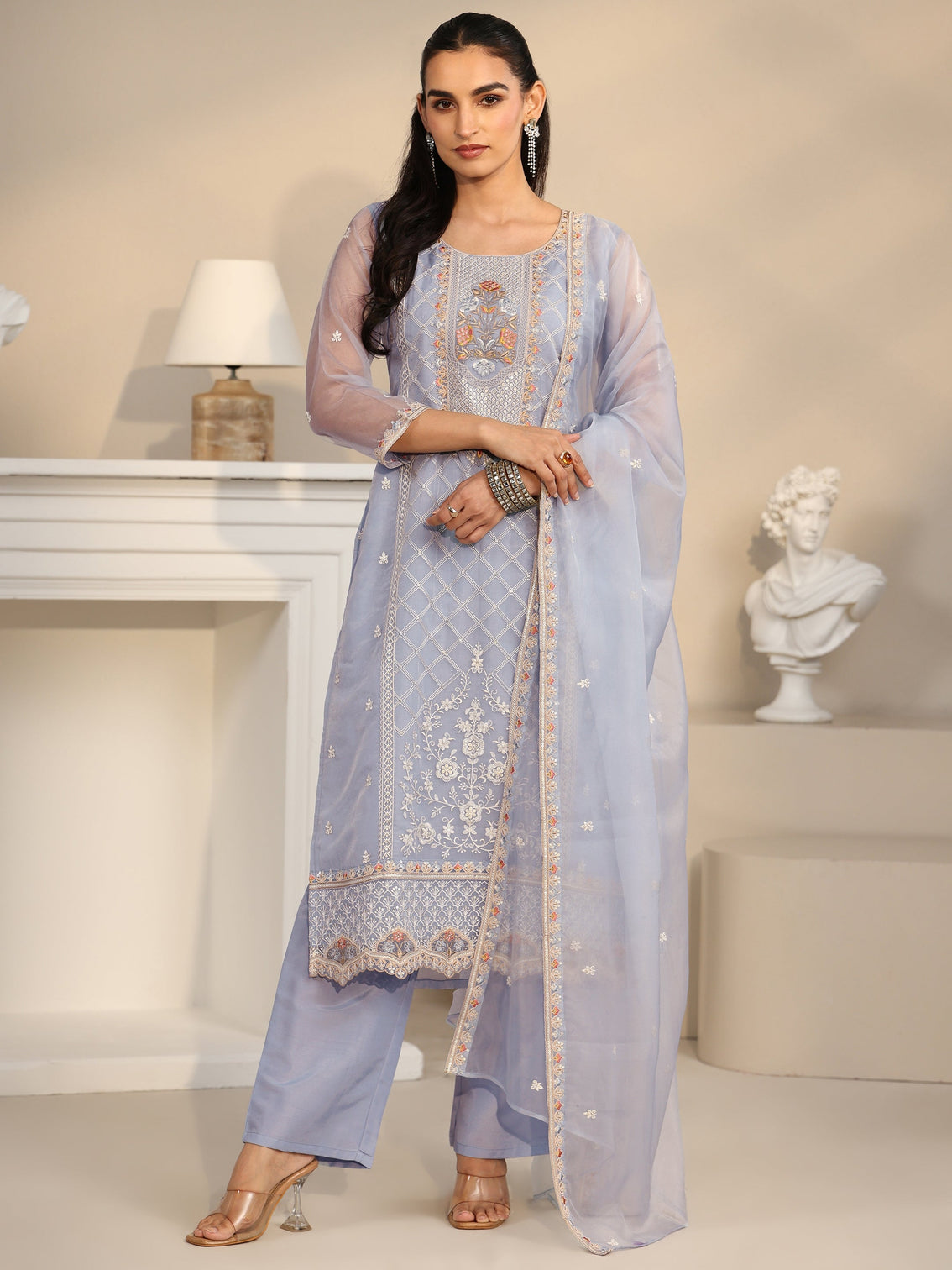 Mameraa Ice Blue Floral Embroidered Organza Straight Suit Set