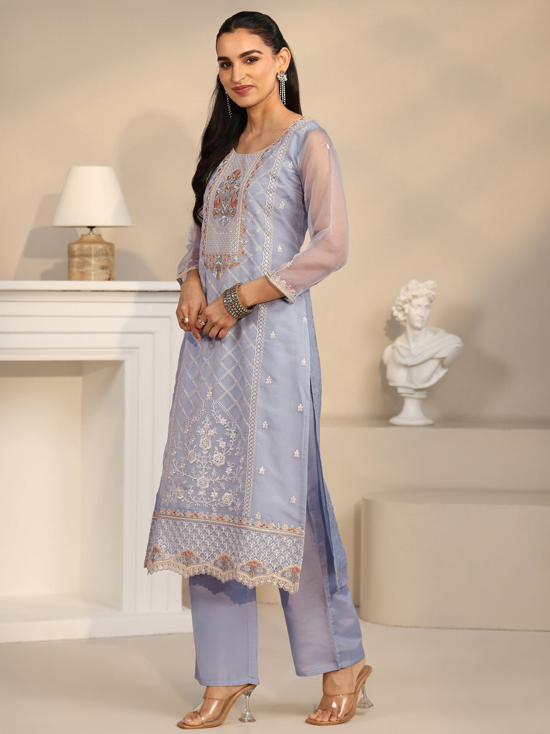 Mameraa Ice Blue Floral Embroidered Organza Straight Suit Set