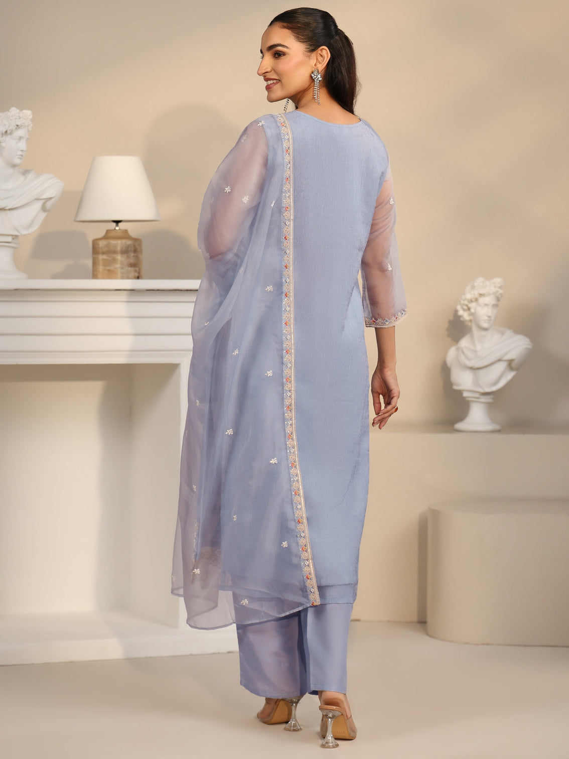 Mameraa Ice Blue Floral Embroidered Organza Straight Suit Set