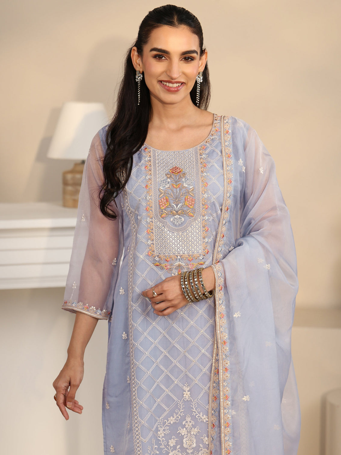 Mameraa Ice Blue Floral Embroidered Organza Straight Suit Set