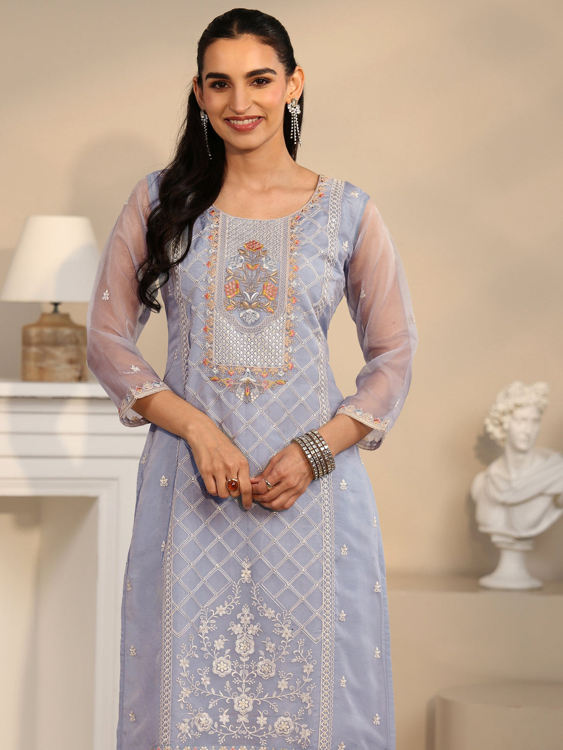 Mameraa Ice Blue Floral Embroidered Organza Straight Suit Set