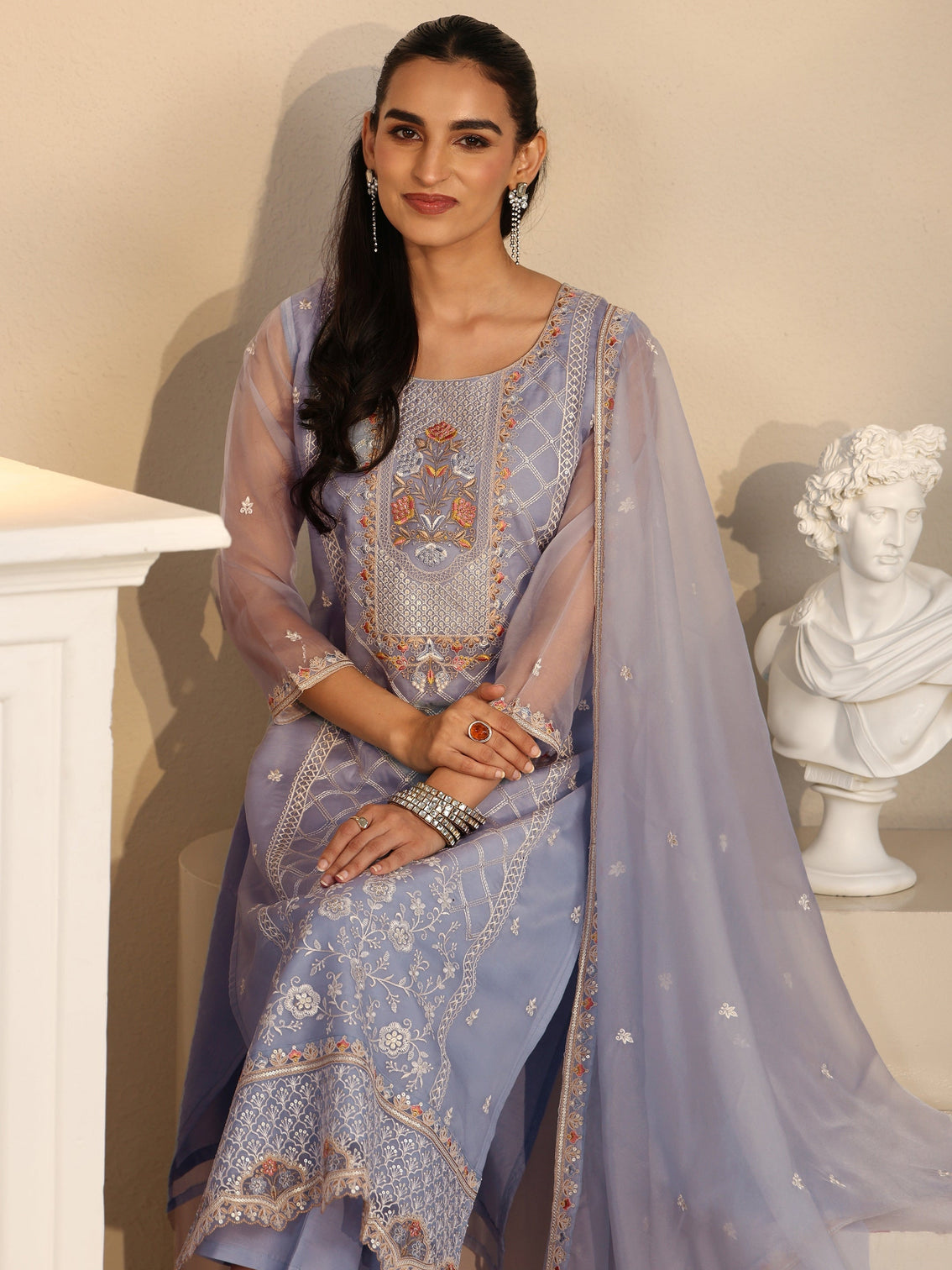 Mameraa Ice Blue Floral Embroidered Organza Straight Suit Set