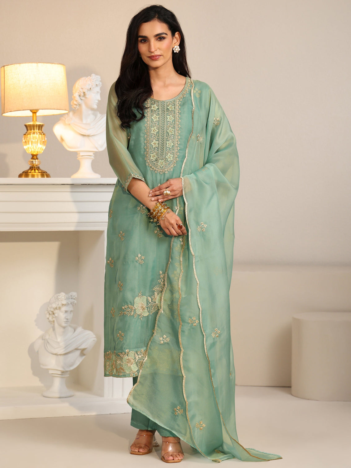 Mameraa Ocean Blue Floral Embroidered Organza Straight Suit Set