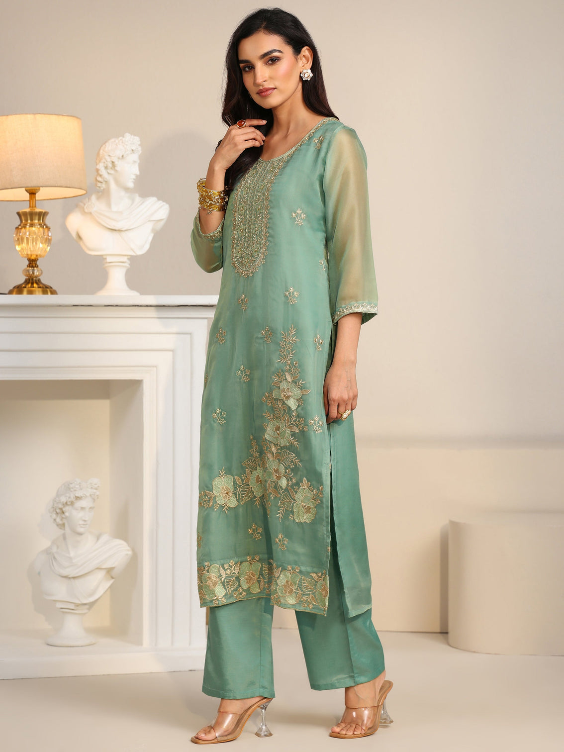 Mameraa Ocean Blue Floral Embroidered Organza Straight Suit Set