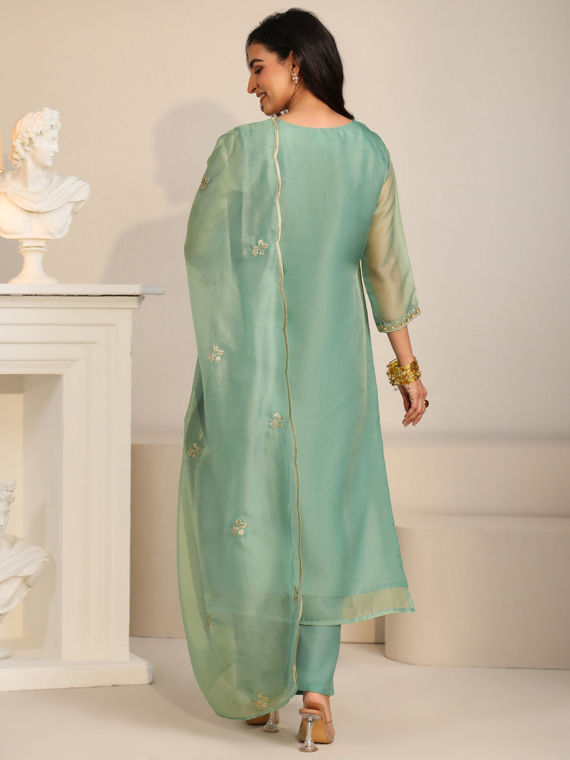 Mameraa Ocean Blue Floral Embroidered Organza Straight Suit Set
