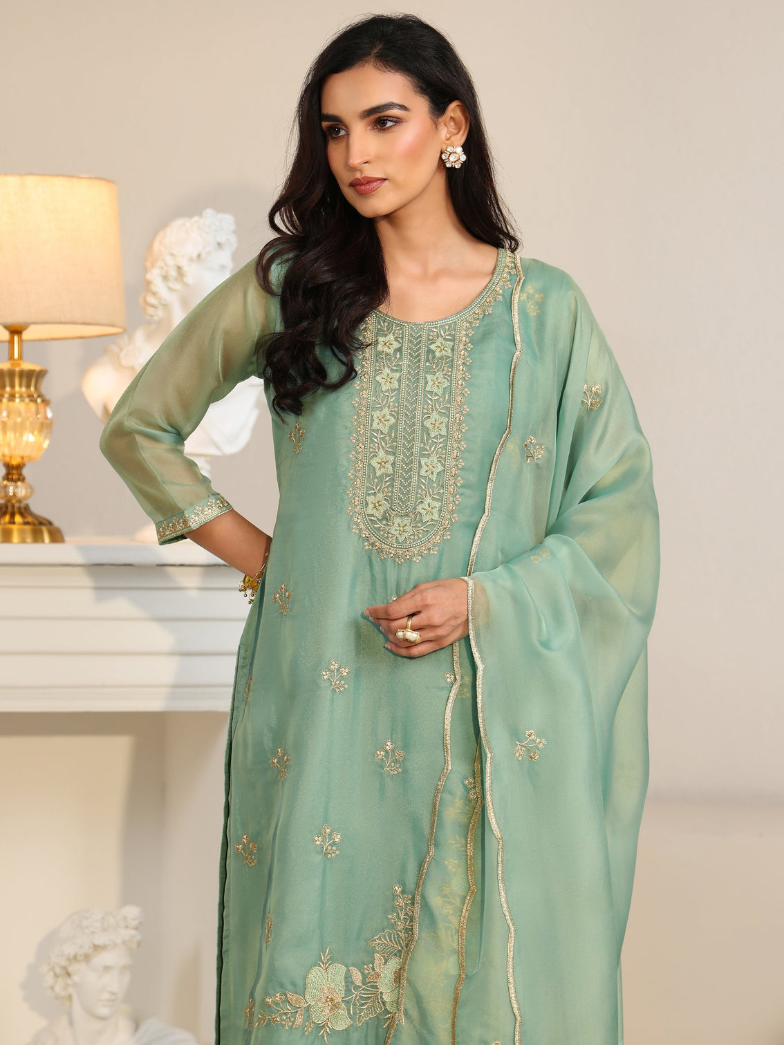 Mameraa Ocean Blue Floral Embroidered Organza Straight Suit Set