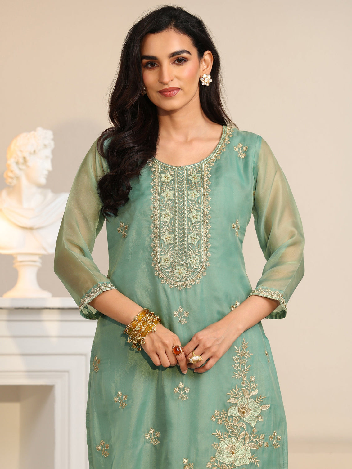 Mameraa Ocean Blue Floral Embroidered Organza Straight Suit Set