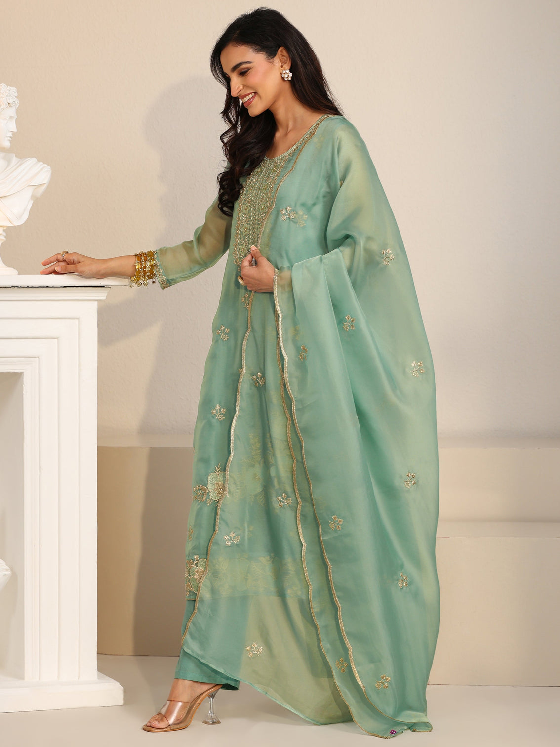Mameraa Ocean Blue Floral Embroidered Organza Straight Suit Set
