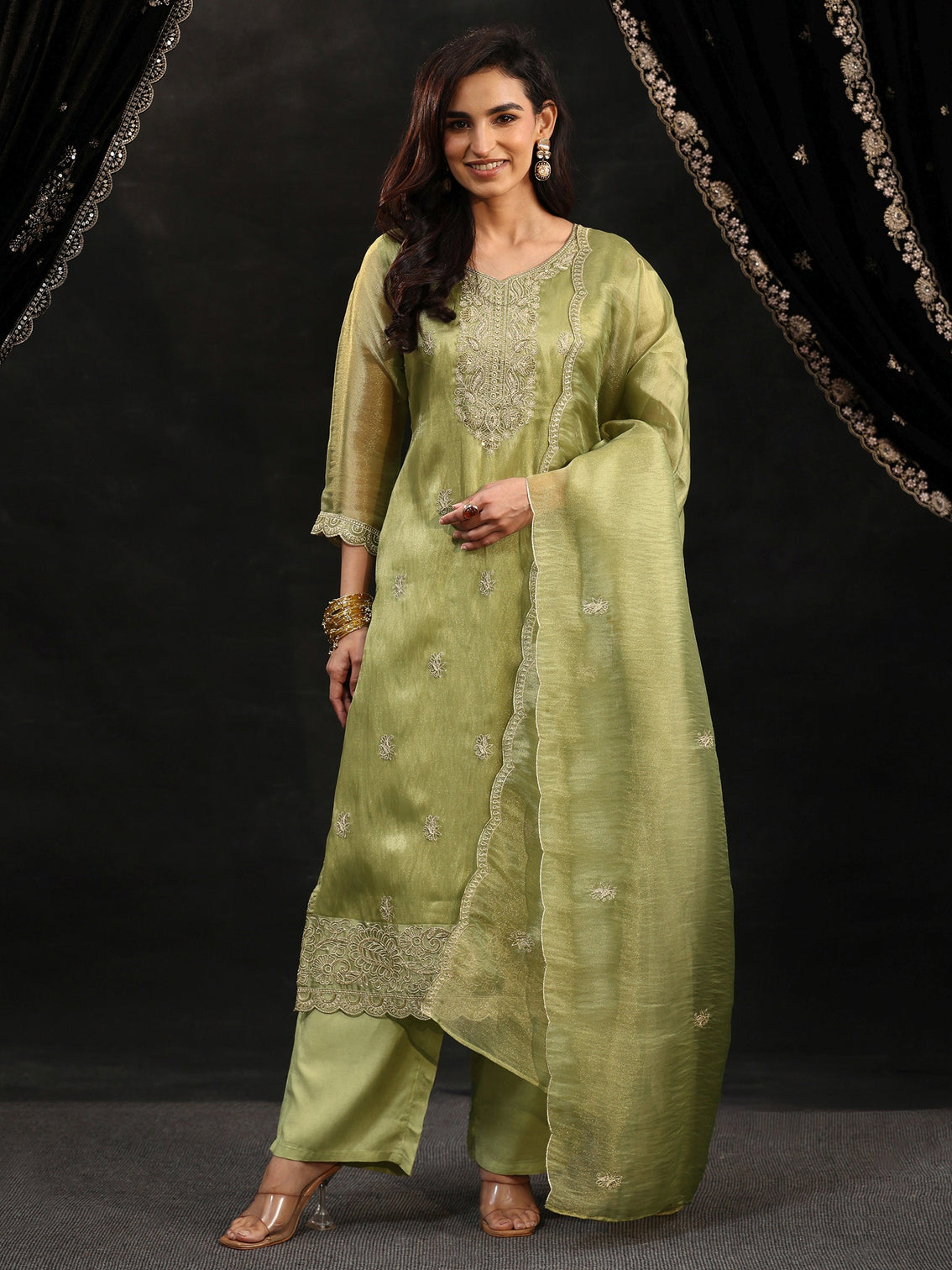 Mameraa Pista Green Floral Embroidered Organza Straight Suit Set
