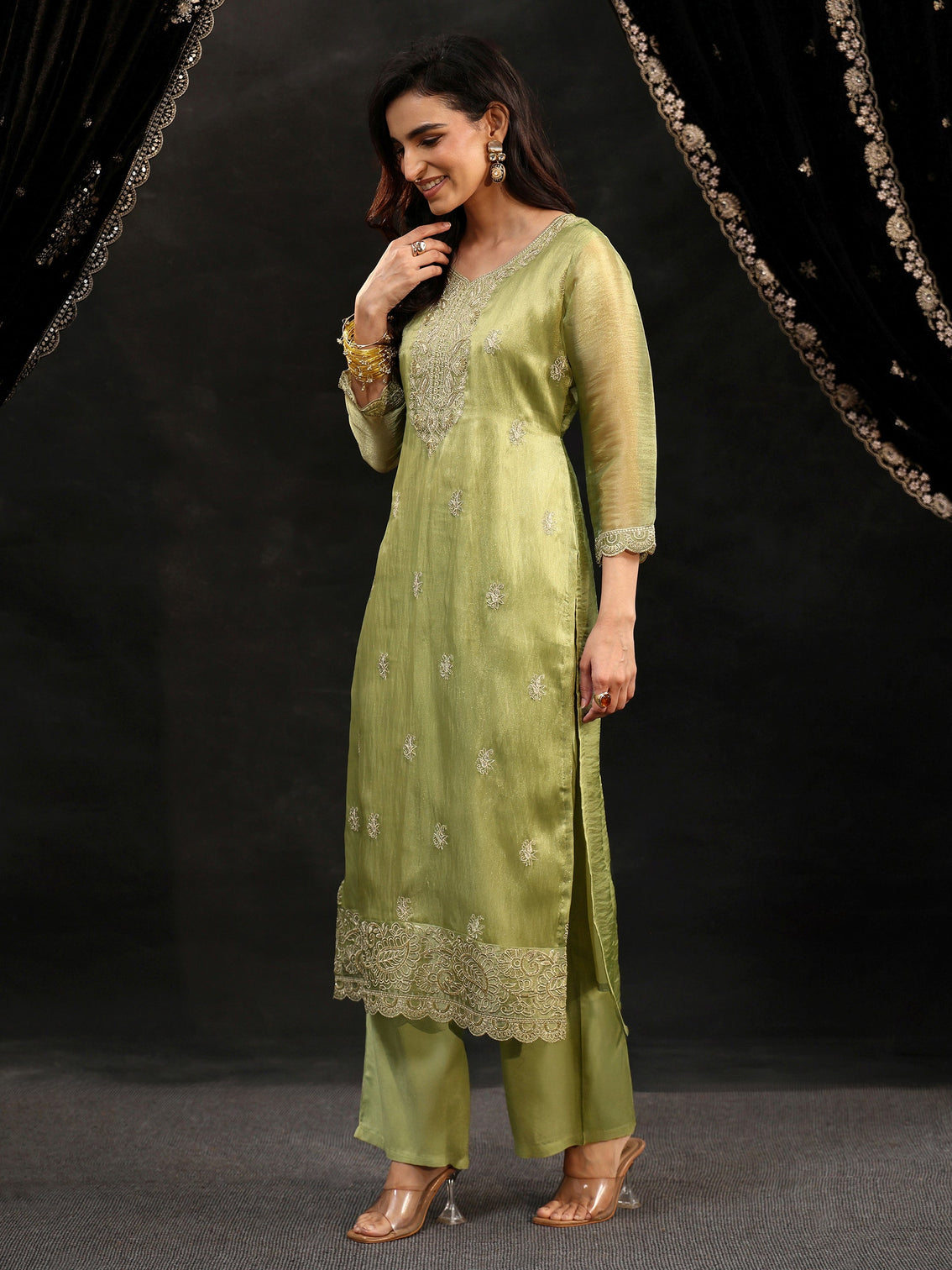 Mameraa Pista Green Floral Embroidered Organza Straight Suit Set