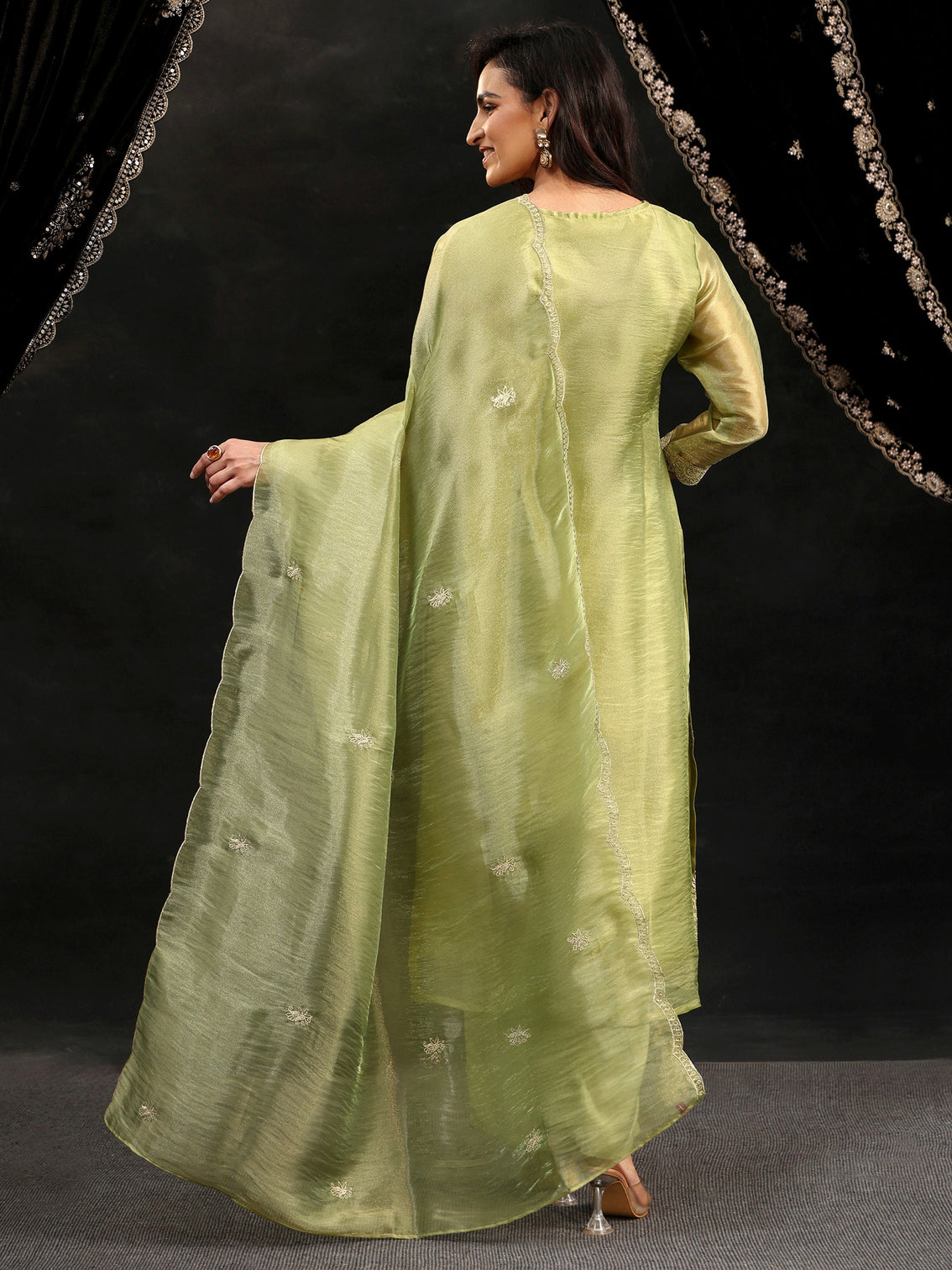 Mameraa Pista Green Floral Embroidered Organza Straight Suit Set