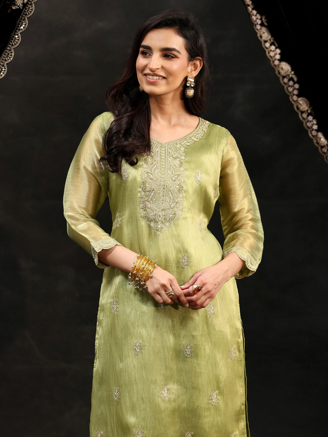 Mameraa Pista Green Floral Embroidered Organza Straight Suit Set