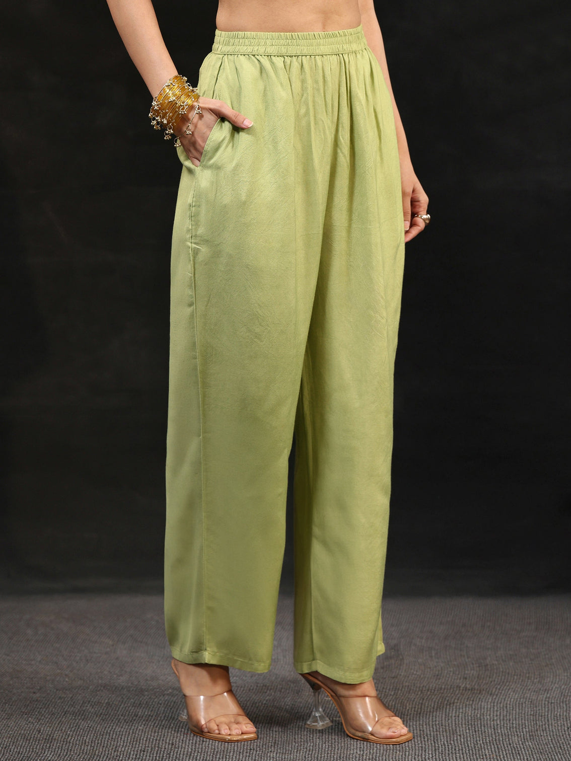 Mameraa Pista Green Floral Embroidered Organza Straight Suit Set
