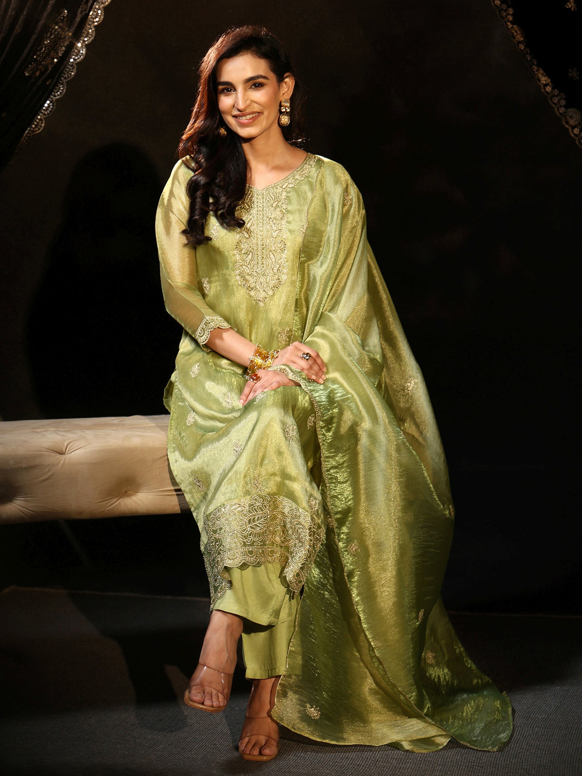 Mameraa Pista Green Floral Embroidered Organza Straight Suit Set