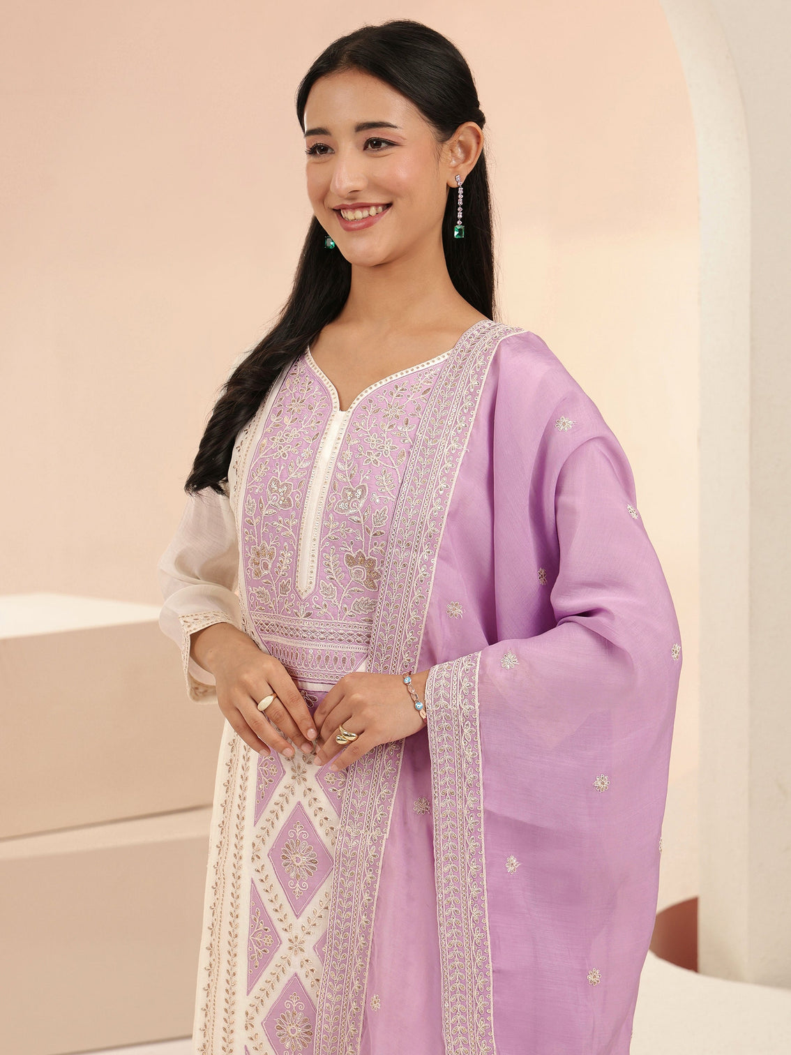 Mameraa White Floral Embroidered Chanderi Cotton Straight Suit Set