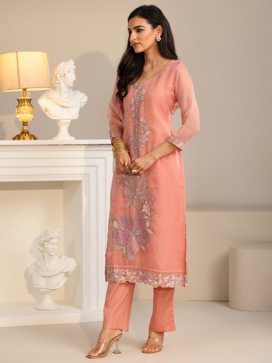Mameraa Peach Orange Floral Embellished Tissue Straight Suit Set