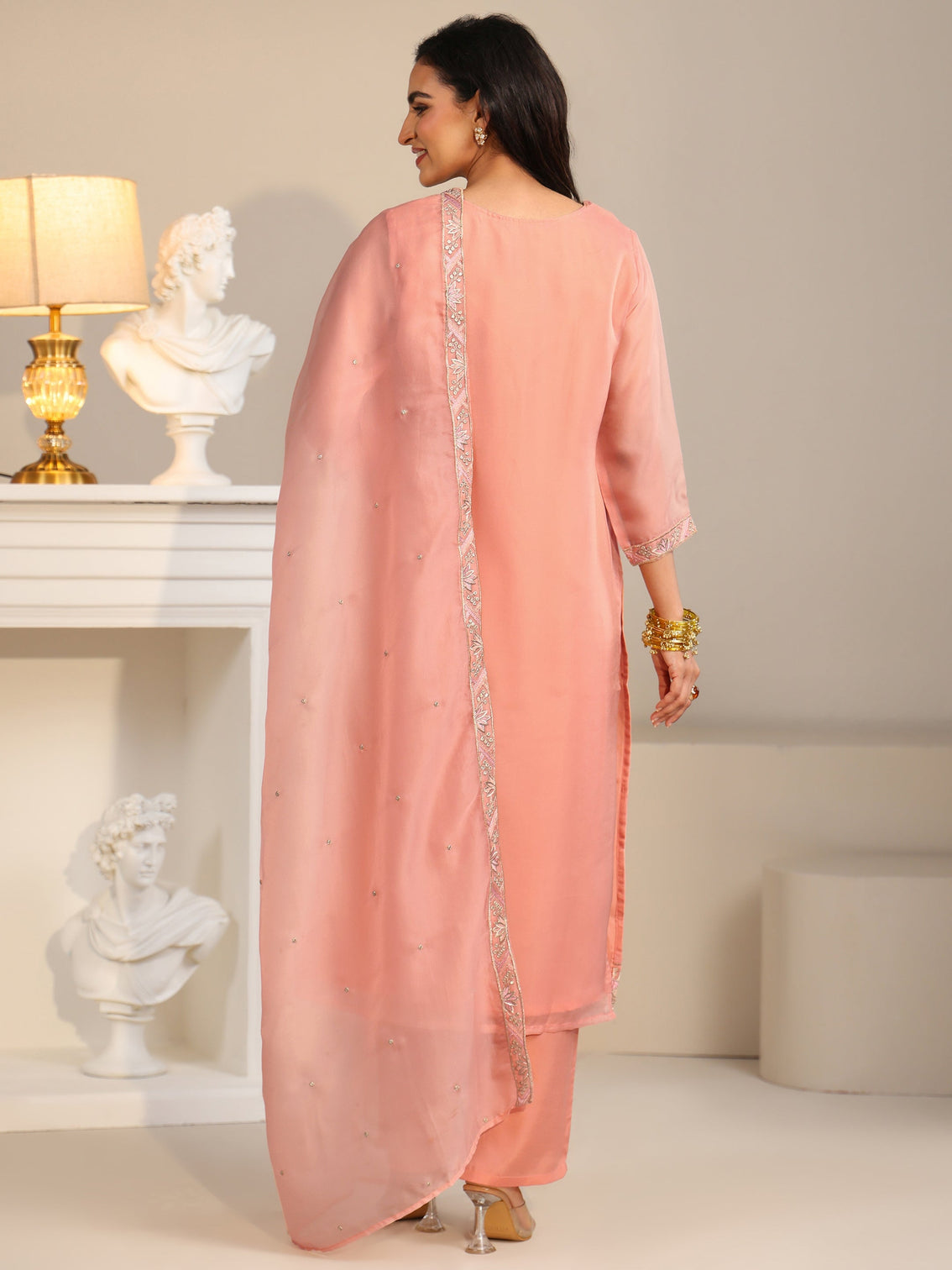 Mameraa Peach Orange Floral Embellished Tissue Straight Suit Set