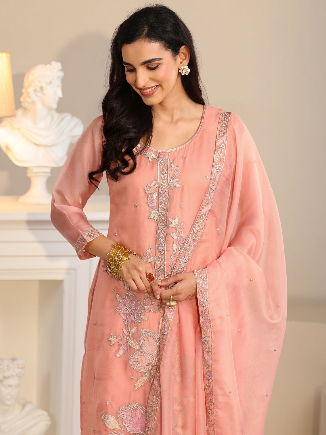 Mameraa Peach Orange Floral Embellished Tissue Straight Suit Set
