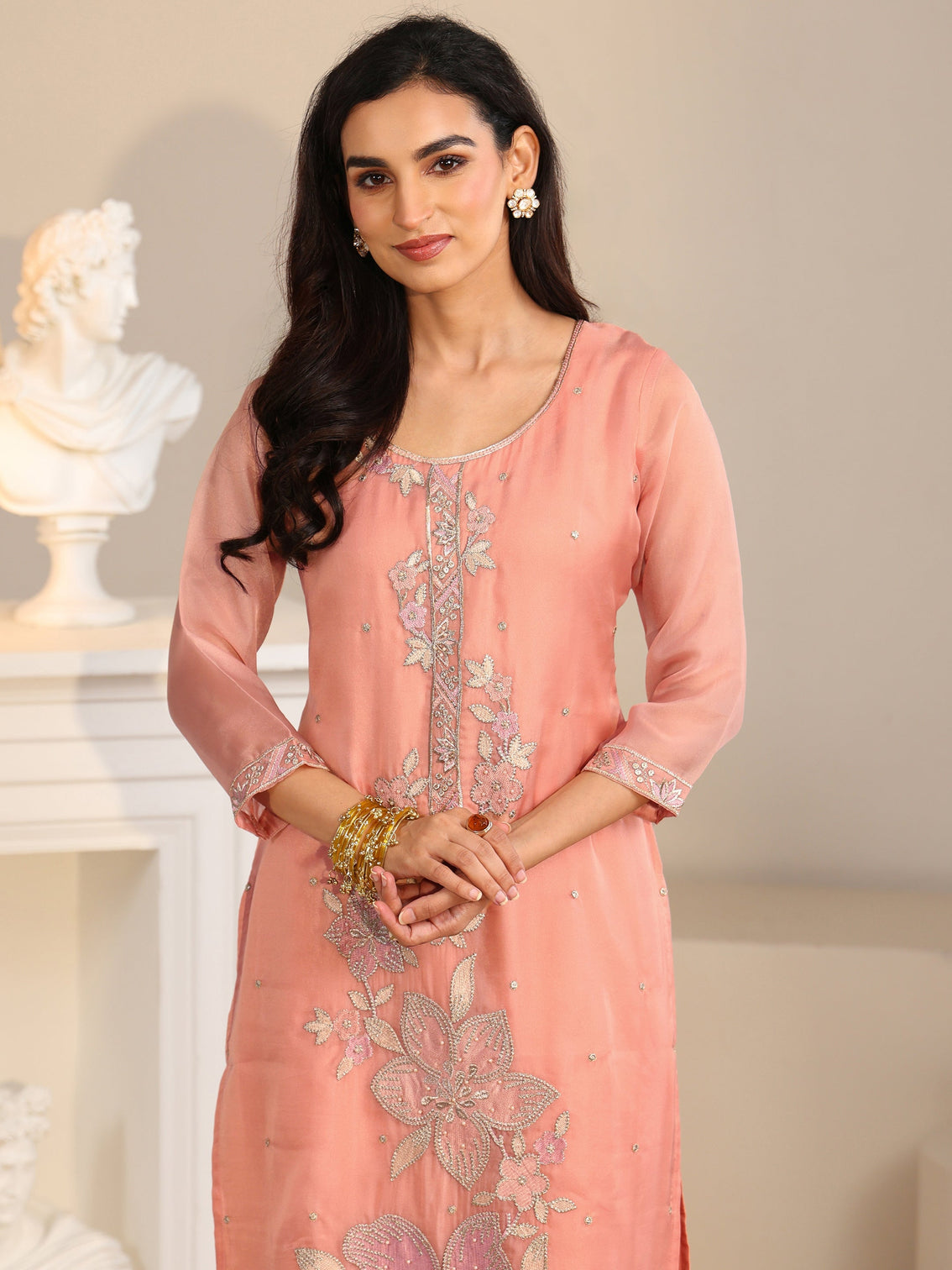 Mameraa Peach Orange Floral Embellished Tissue Straight Suit Set