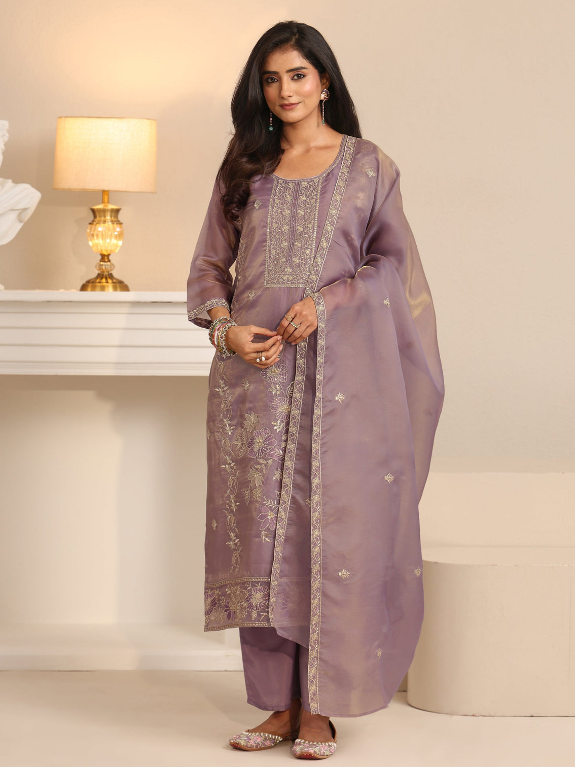 Mameraa Lavender Floral Embellished Tissue Straight Suit Set