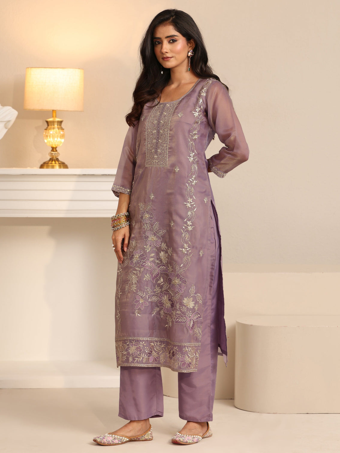 Mameraa Lavender Floral Embellished Tissue Straight Suit Set