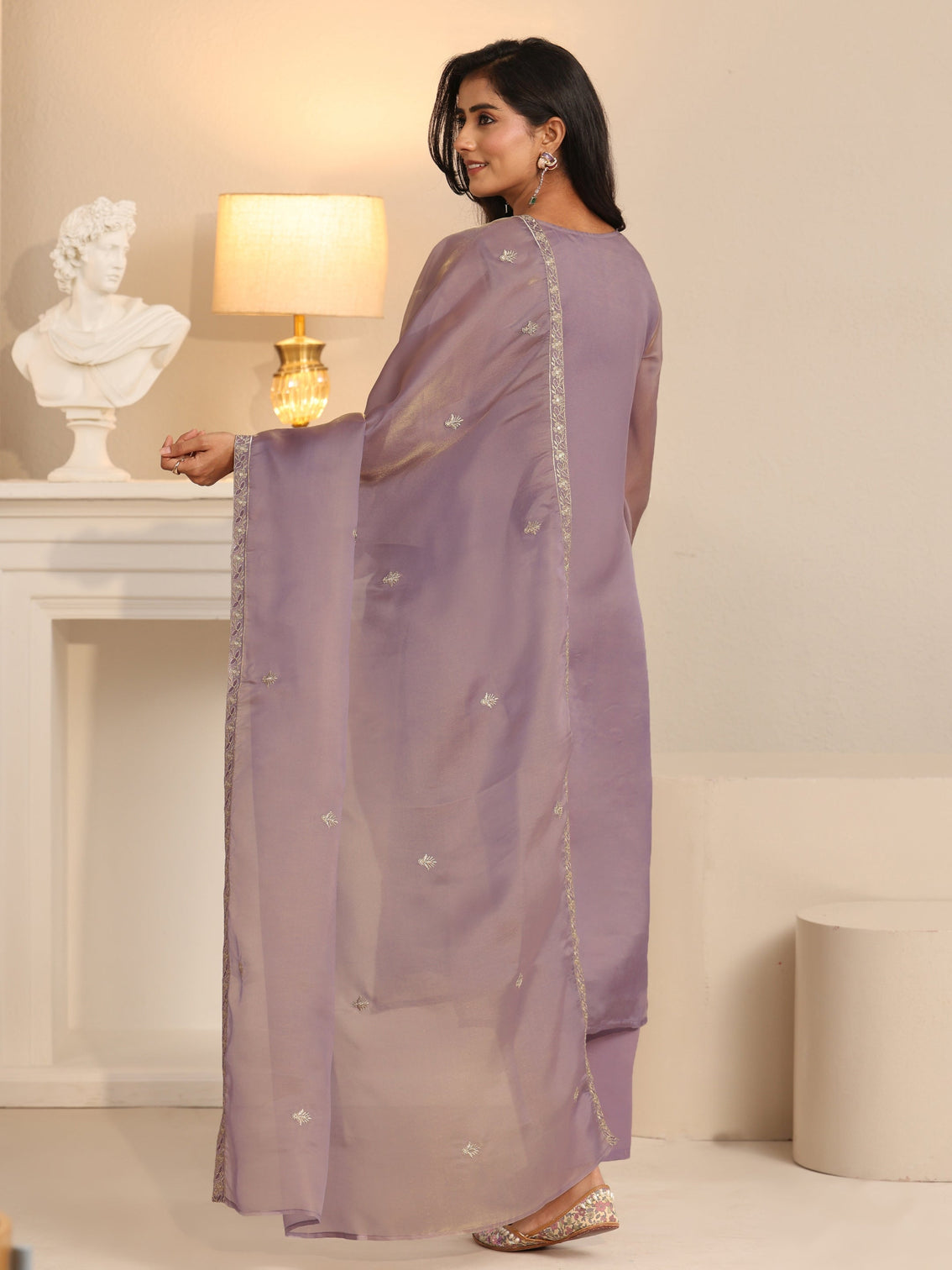 Mameraa Lavender Floral Embellished Tissue Straight Suit Set
