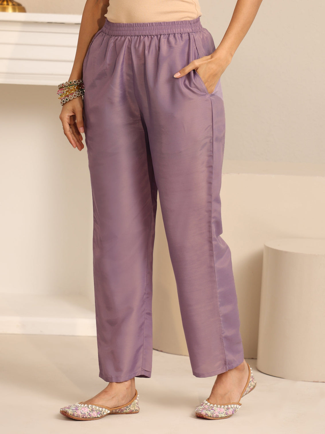 Mameraa Lavender Floral Embellished Tissue Straight Suit Set