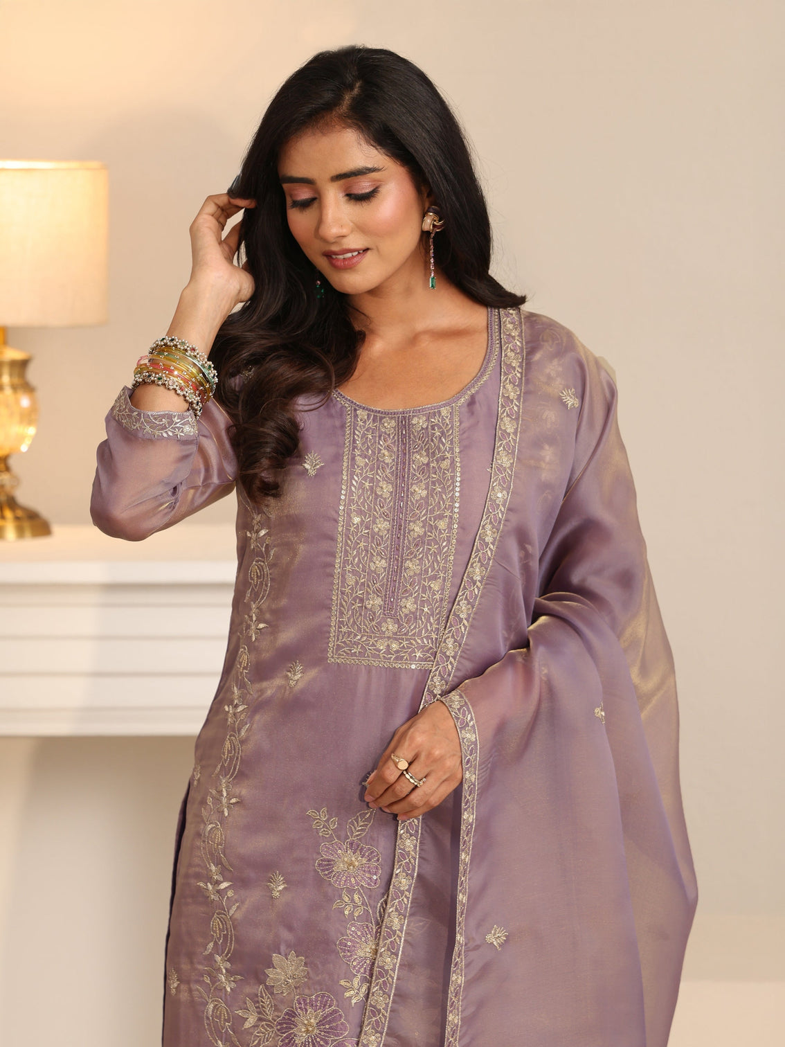 Mameraa Lavender Floral Embellished Tissue Straight Suit Set