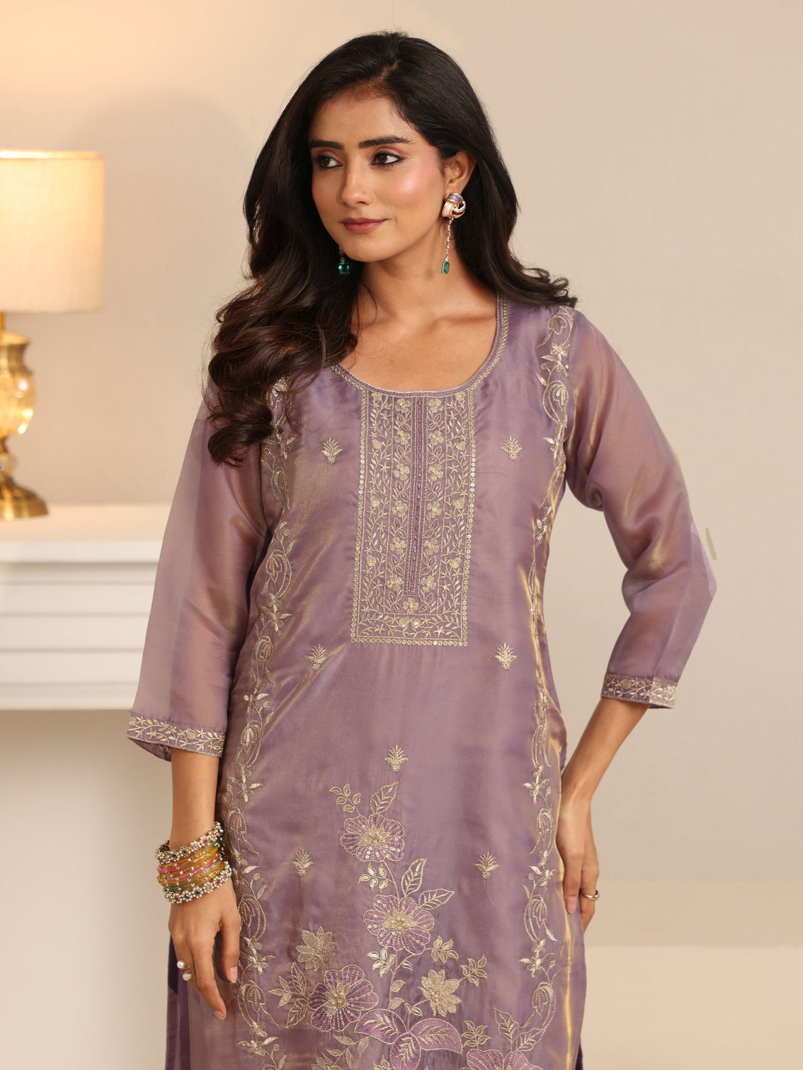 Mameraa Lavender Floral Embellished Tissue Straight Suit Set