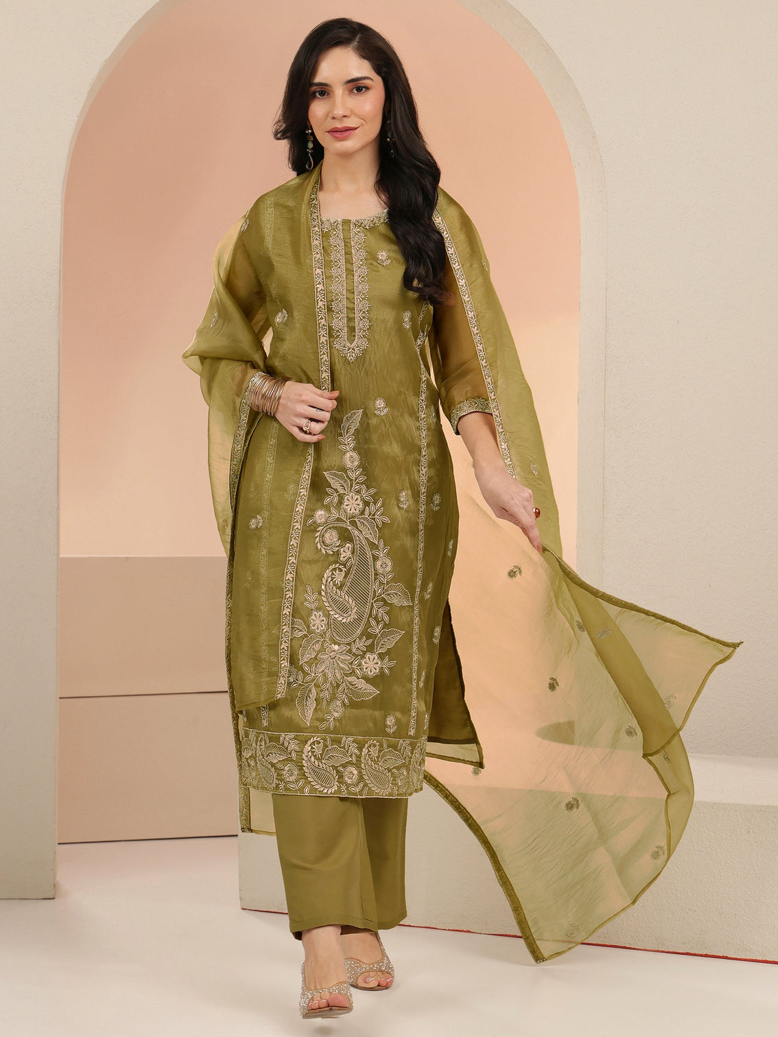 Mameraa Henna Yellow Paisley Embroidered Organza Straight Suit Set
