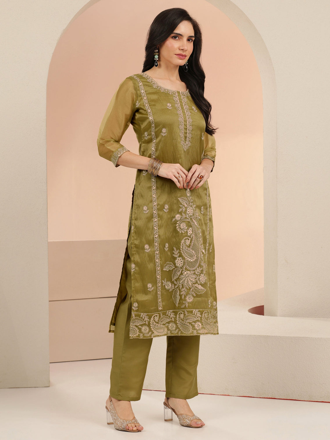 Mameraa Henna Yellow Paisley Embroidered Organza Straight Suit Set