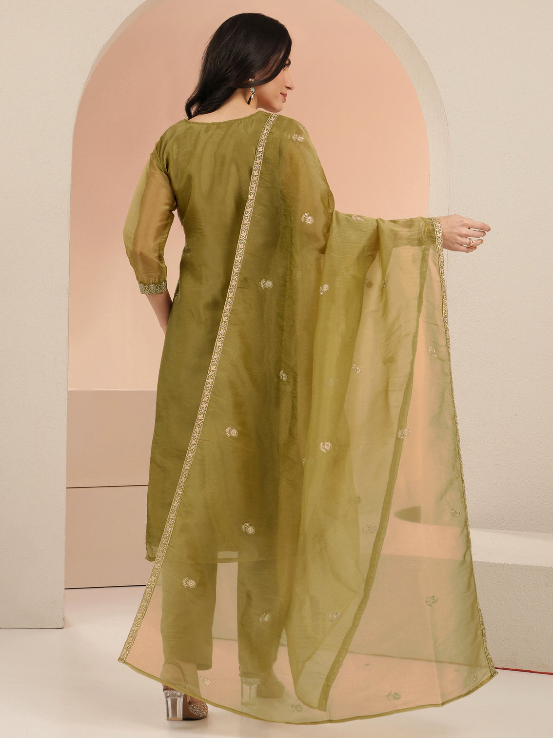 Mameraa Henna Yellow Paisley Embroidered Organza Straight Suit Set