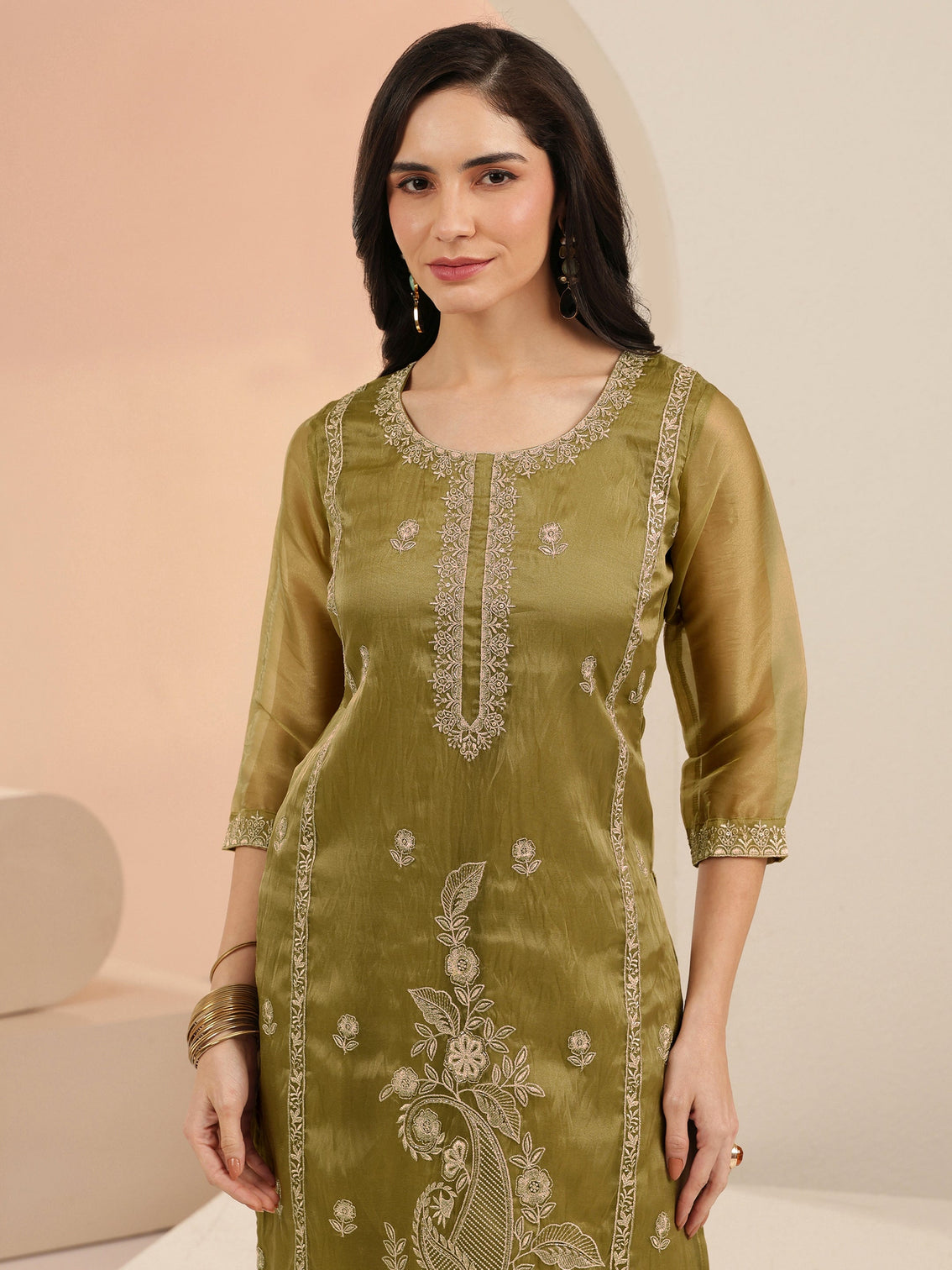 Mameraa Henna Yellow Paisley Embroidered Organza Straight Suit Set