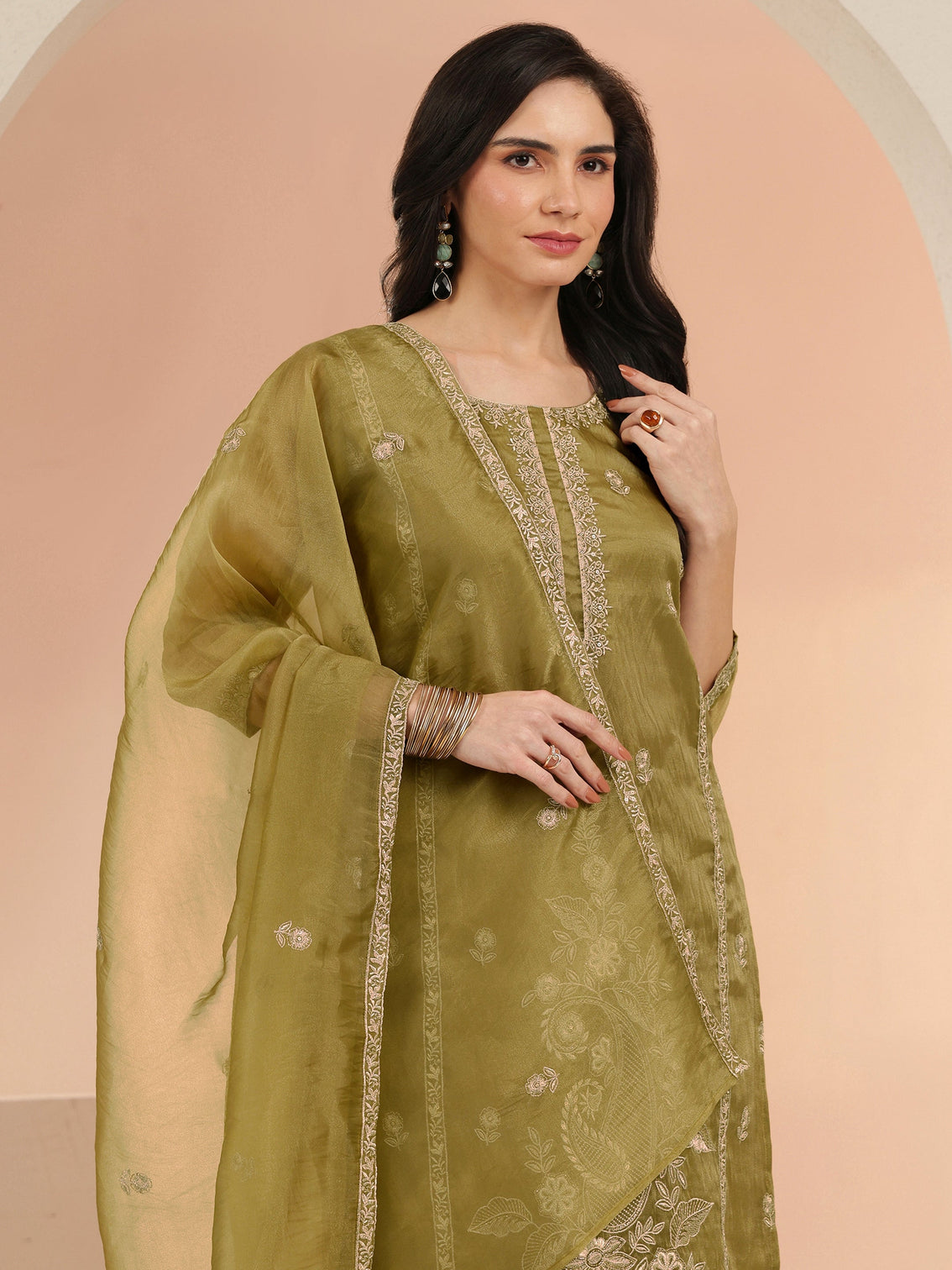 Mameraa Henna Yellow Paisley Embroidered Organza Straight Suit Set