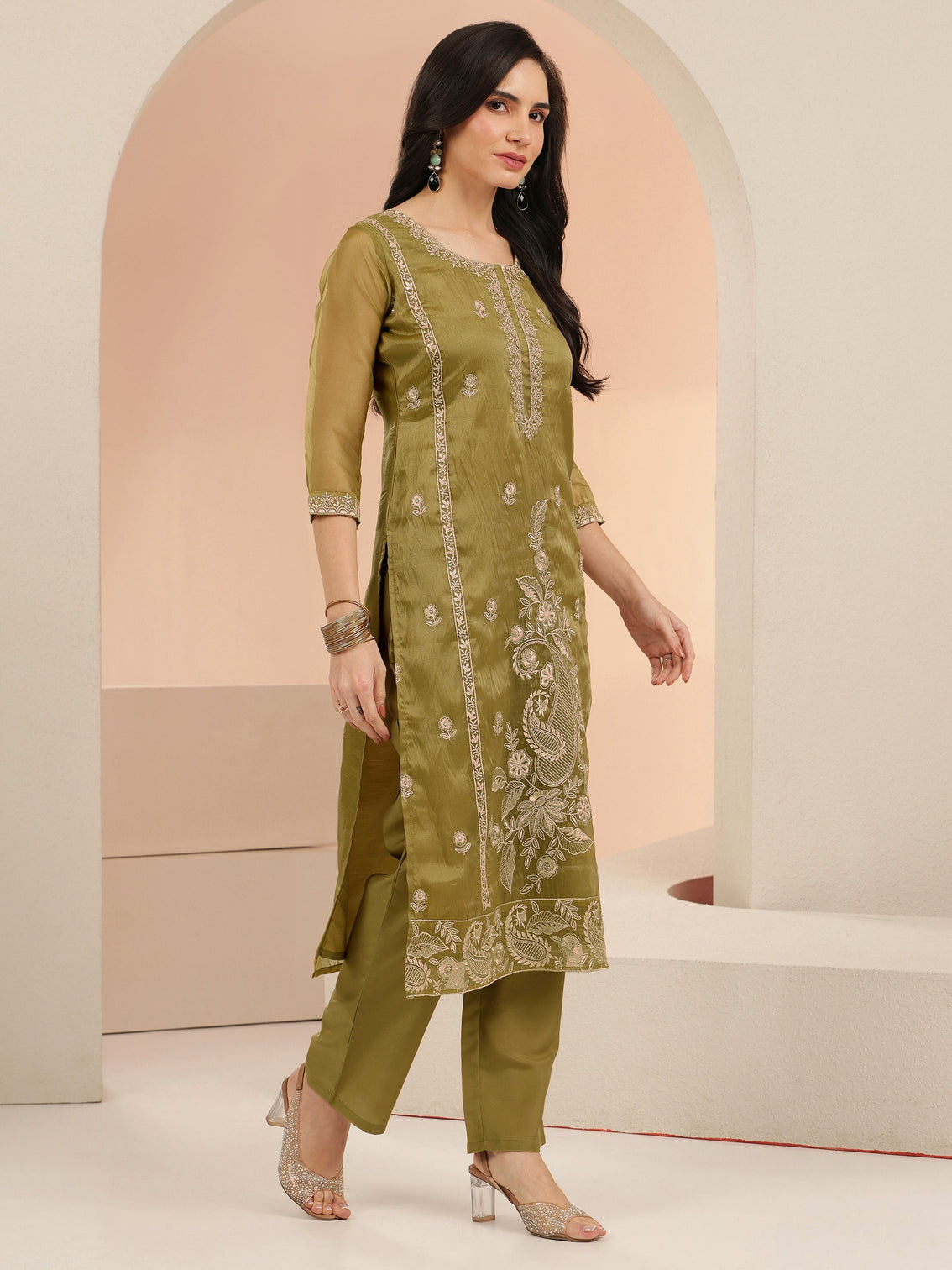 Mameraa Henna Yellow Paisley Embroidered Organza Straight Suit Set