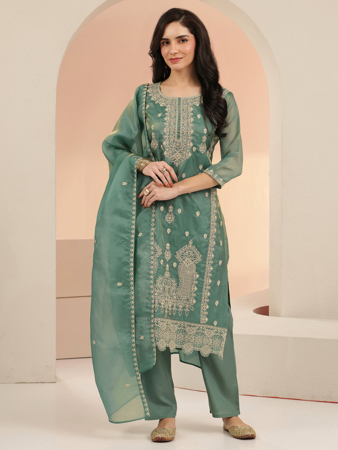 Mameraa Sea Blue Embroidered Tissue Straight Suit Set