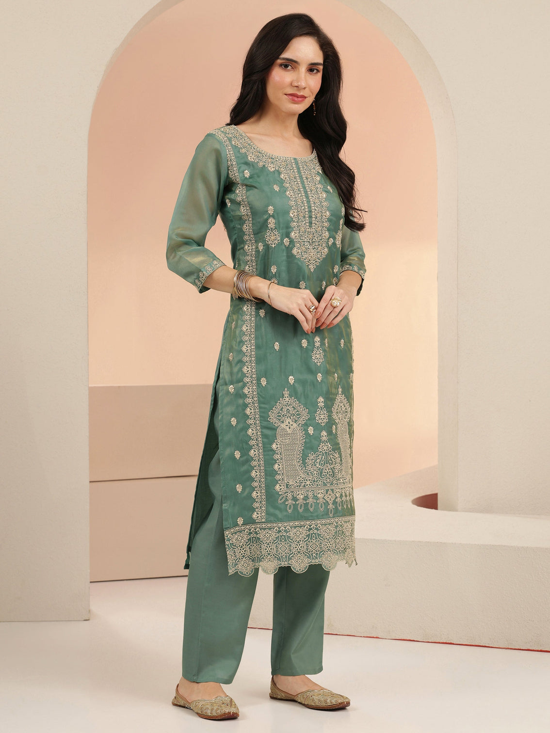 Mameraa Sea Blue Embroidered Tissue Straight Suit Set