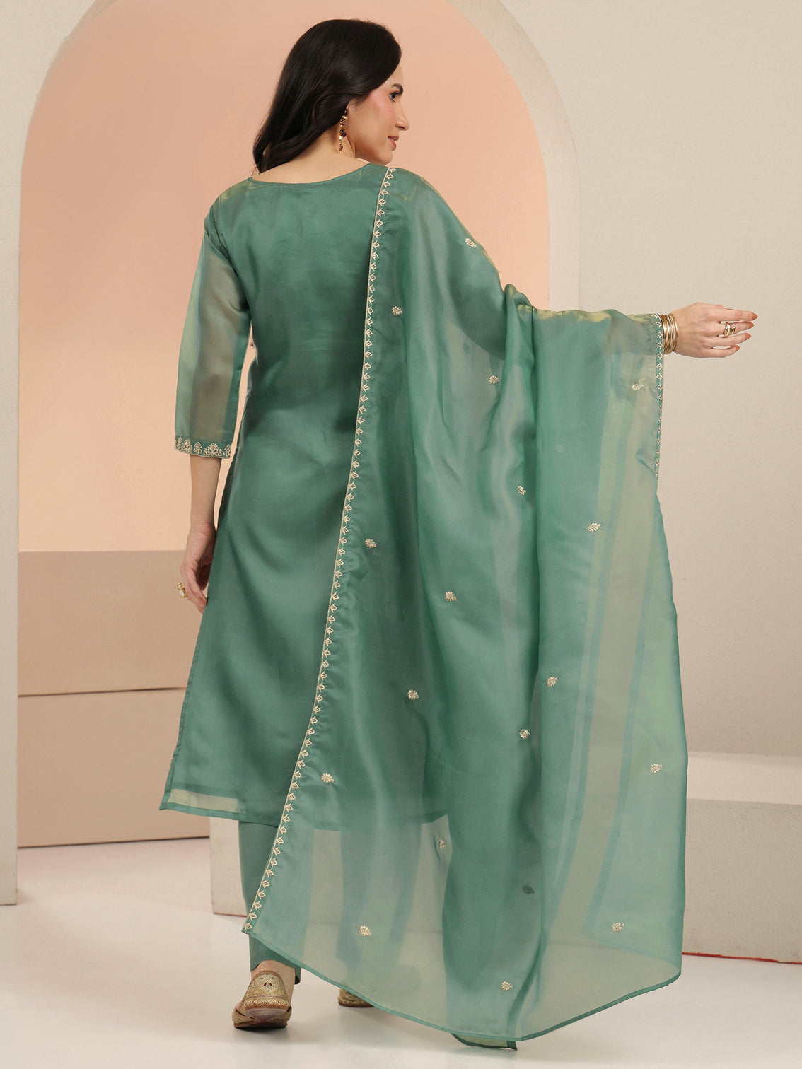 Mameraa Sea Blue Embroidered Tissue Straight Suit Set