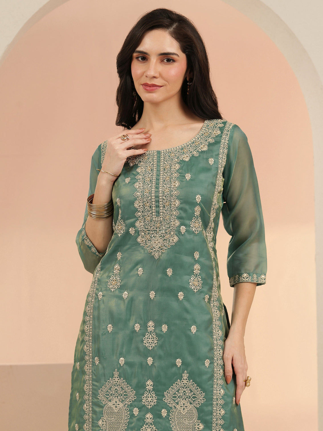 Mameraa Sea Blue Embroidered Tissue Straight Suit Set
