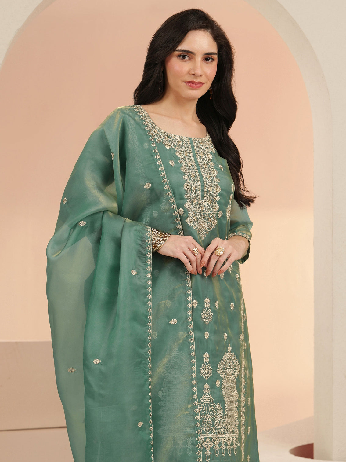 Mameraa Sea Blue Embroidered Tissue Straight Suit Set