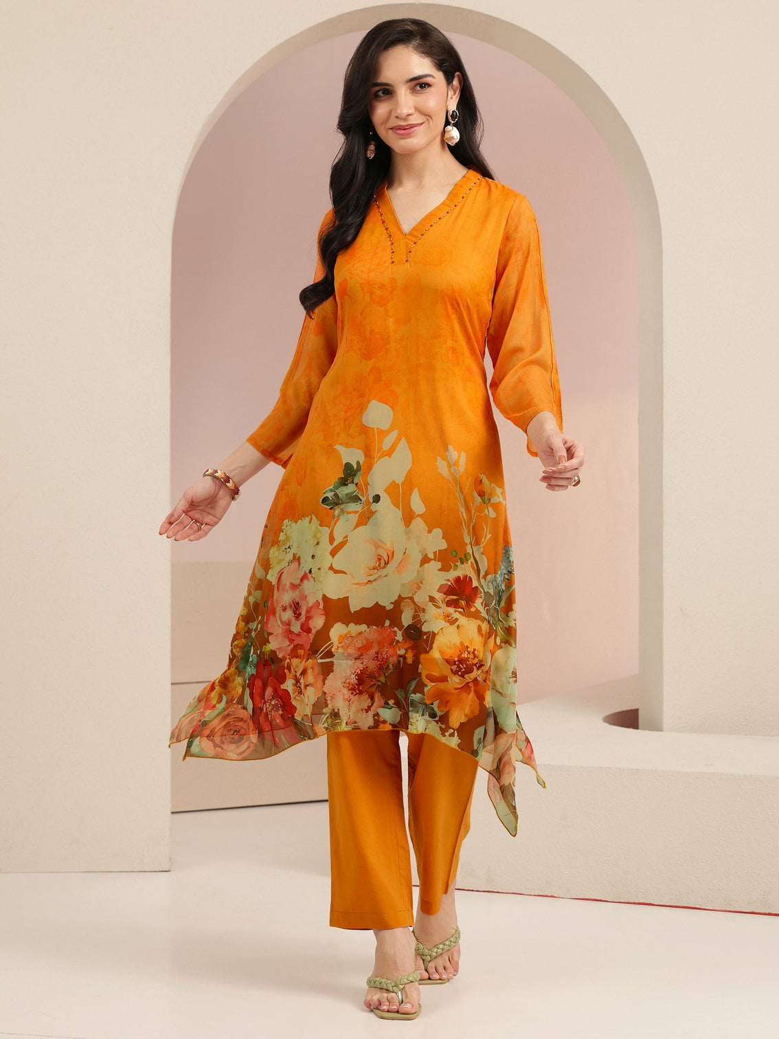Mameraa Orange Floral Printed Chiffon High Low Kurta Set