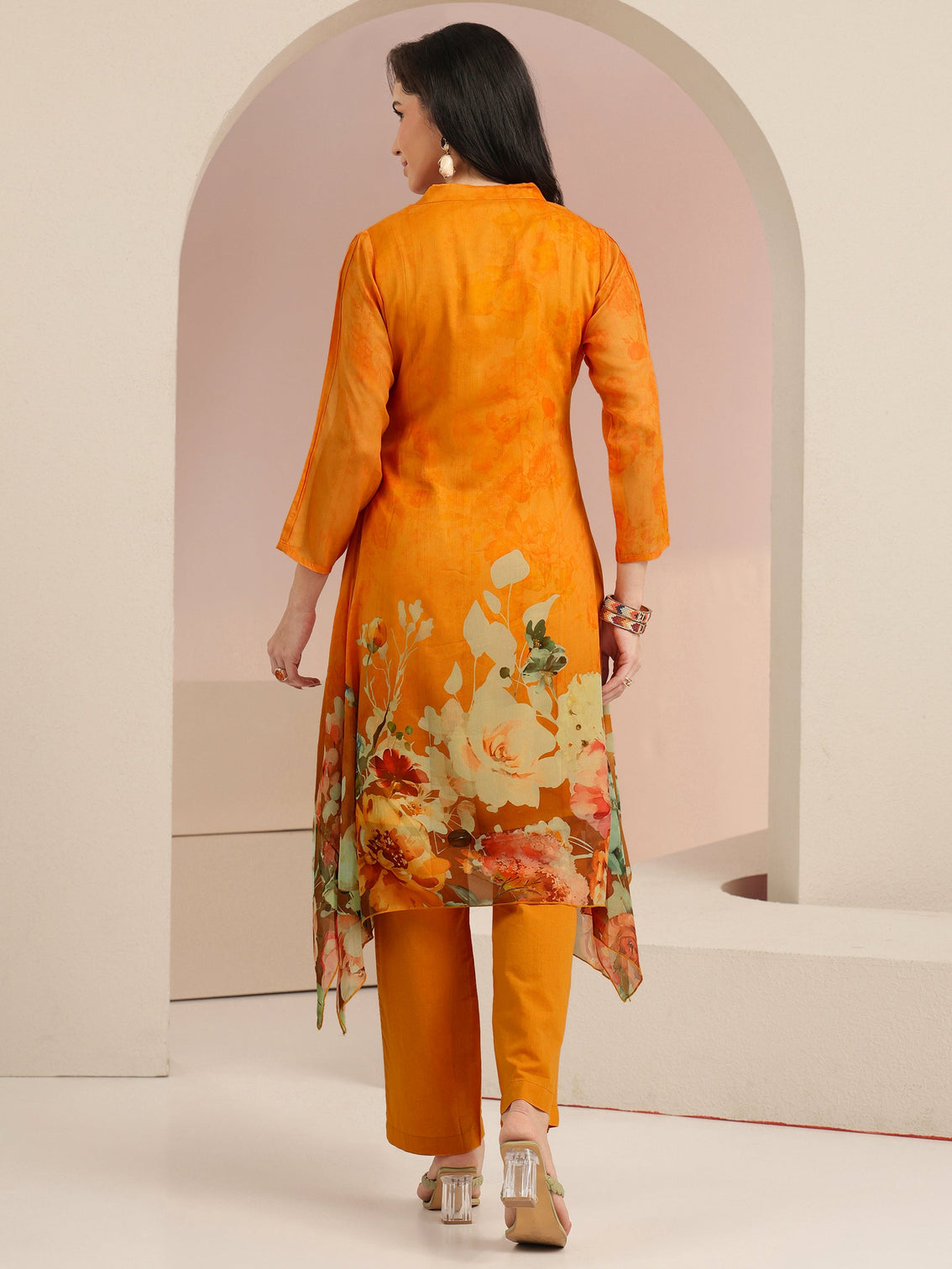 Mameraa Orange Floral Printed Chiffon High Low Kurta Set