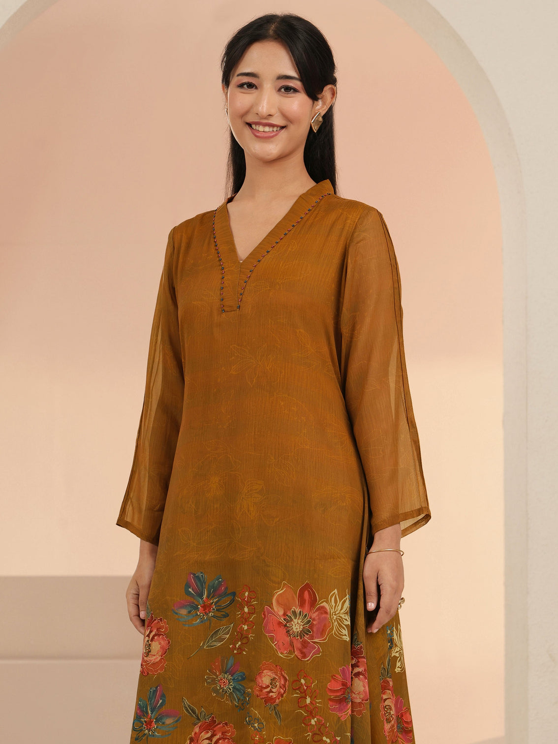 Mameraa Brown Floral Printed Chiffon High Low Kurta Set