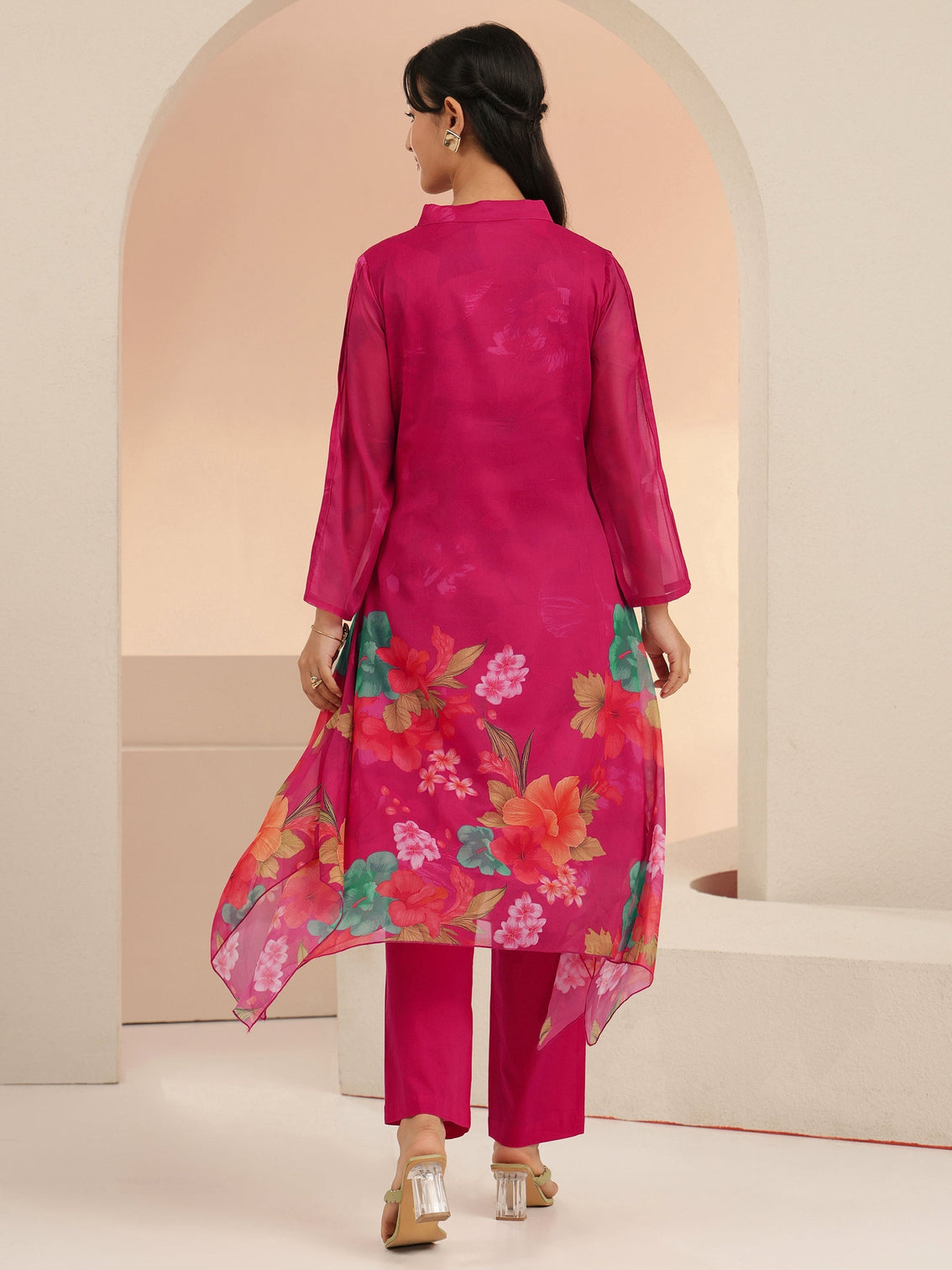 Mameraa Fuchsia Pink Floral Printed Chiffon High Low Kurta Set