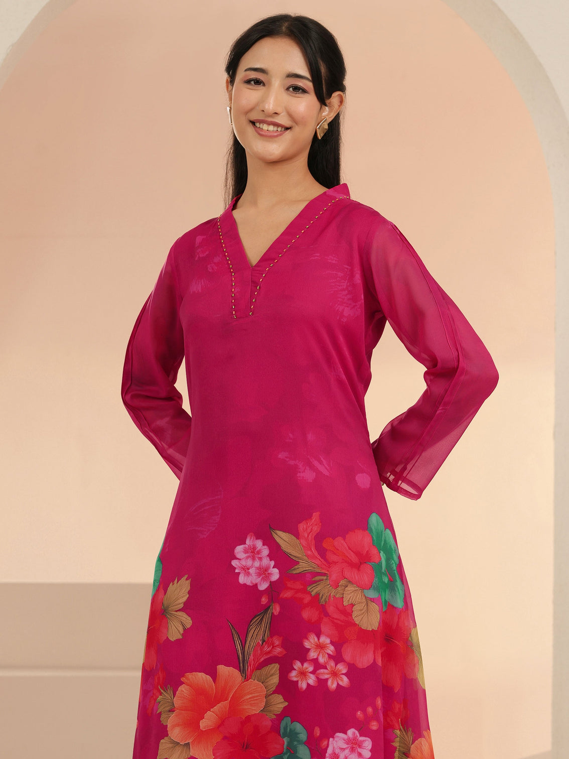 Mameraa Fuchsia Pink Floral Printed Chiffon High Low Kurta Set