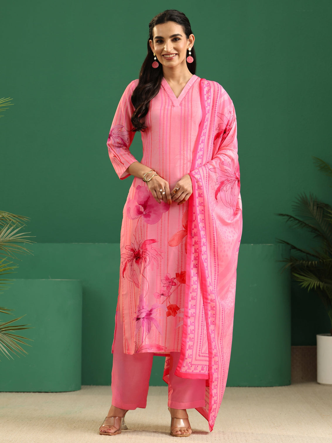 Mameraa Pink Floral Printed Muslin A-Line Suit Set