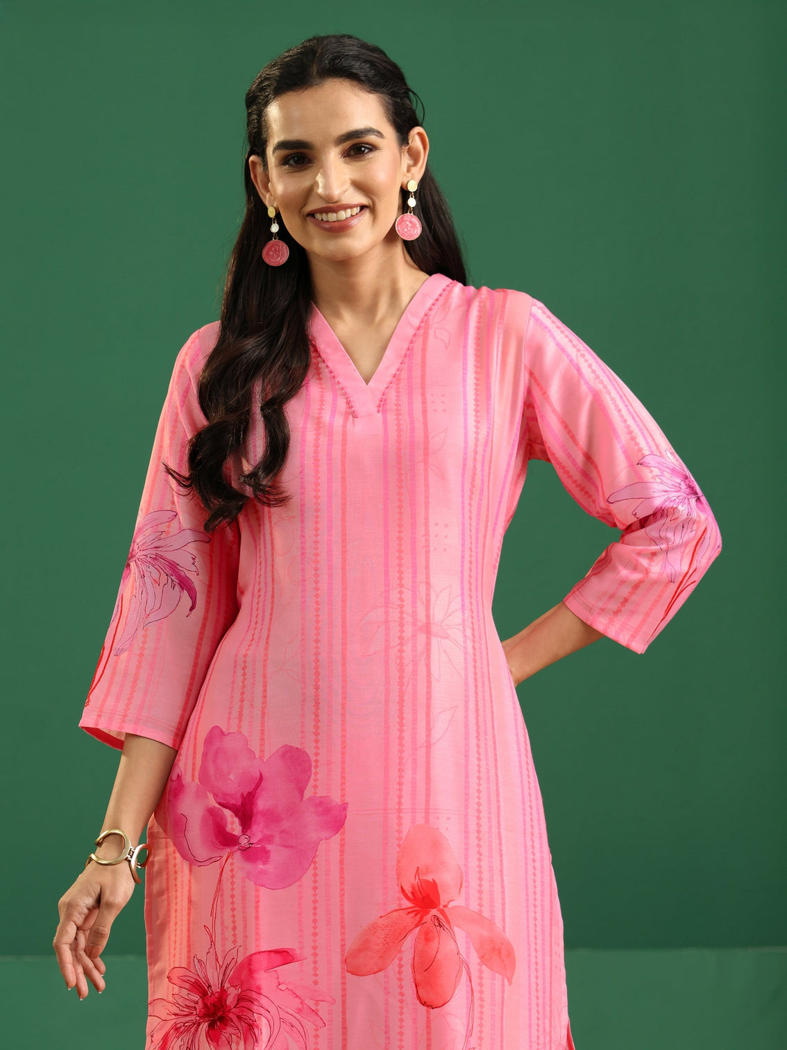 Mameraa Pink Floral Printed Muslin A-Line Suit Set