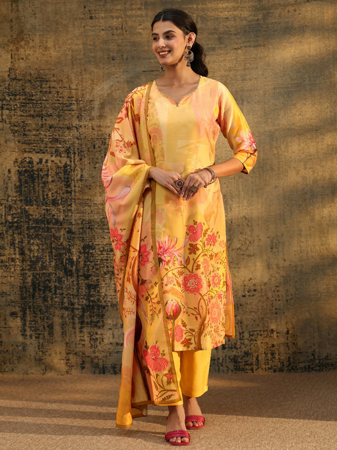 Mameraa Mustard Floral Printed Muslin Straight Suit Set