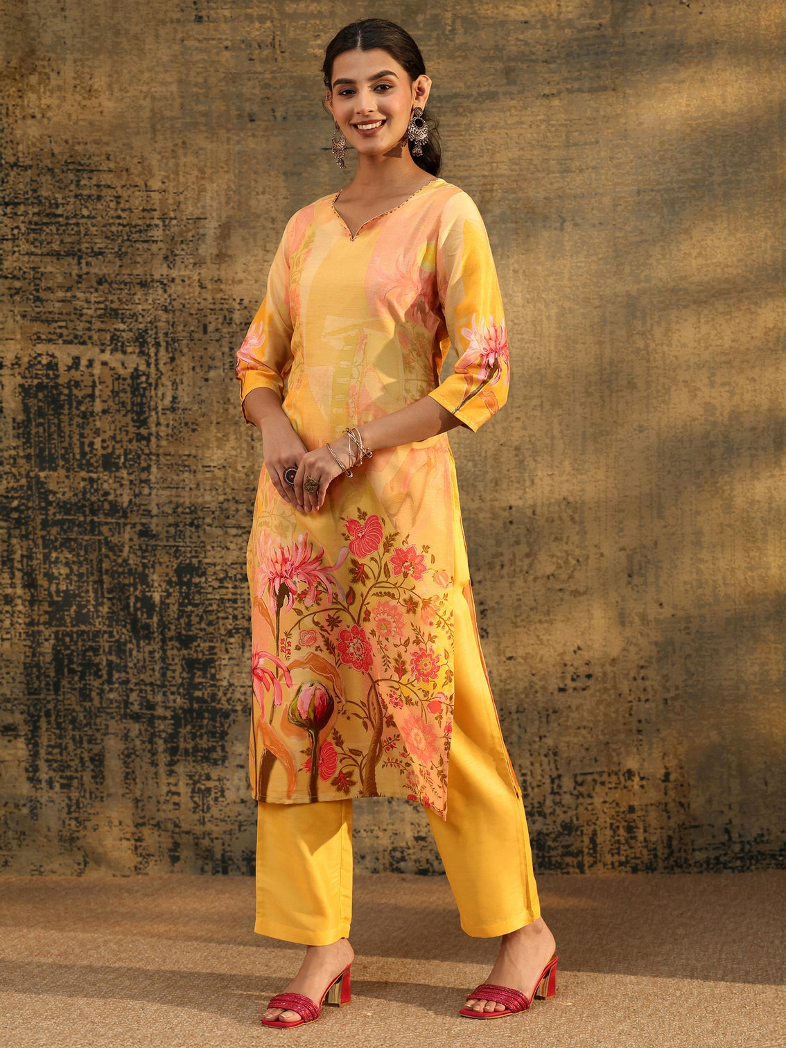 Mameraa Mustard Floral Printed Muslin Straight Suit Set